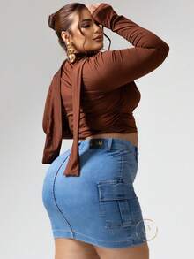 Plus Size Denim Skirts - 淺色水洗藍 - 查看 6