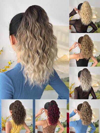 Claw Shaped Ponytail Extension Hair Accessory Brown Gold Burgundy Gradient Brown 16 Inch Long Wave Heat-Resistant Fiber Synthetic Ponytail Wig, Suitable For Women's Parties And Daily Use