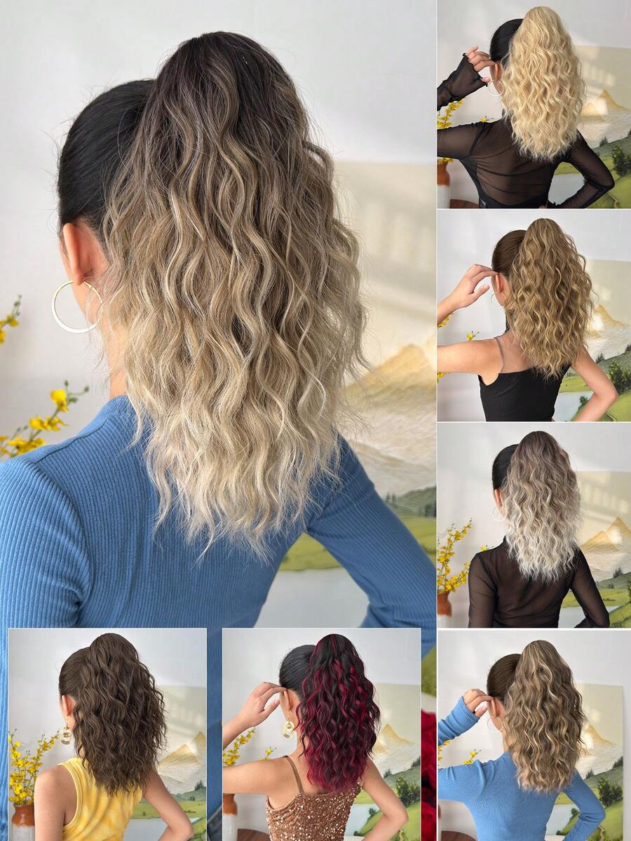 Claw Shaped Ponytail Extension Hair Accessory Brown Gold Burgundy Gradient Brown 16 Inch Long Wave Heat-Resistant Fiber Synthetic Ponytail Wig, Suitable For Women's Parties And Daily Use