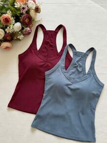 2pcs/Set Women's Summer Camisole Tops, Fitted Solid Color Basic Camisole With Chest Pads - Multicolor - View 2