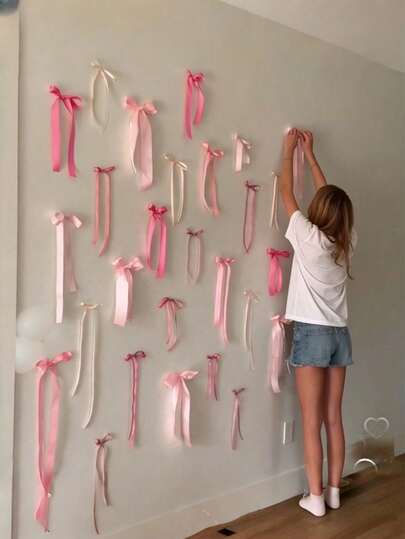 5/40个粉色蝴蝶结装饰，适用于派对背景、DIY蝴蝶结拍照背景、丝带蝴蝶结装饰、悬挂式派对装饰、摄影背景、新生儿派对墙面装饰、生日派对装饰、婴儿派对用品、性别揭晓派对、一周岁生日派对背景、婴儿房装饰、生日礼物、粉色蝴蝶结主题派对用品、派对小礼物