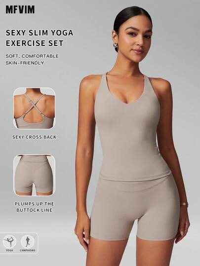  MFVIM Women's Vest & Shorts Sports Suit, Women's Casual Sports Outerwear Fitness 2-Piece Set, Lifting Waist Slimming Fit, Breathable & Comfortable, Essential For Outdoor Running, Cycling, Yoga, Pilates, Gym Workout