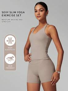 Bộ đồ thể thao nữ MFVIM gồm áo ba lỗ và quần short, bộ 2 mảnh thể thao thường ngày dành cho nữ, giúp nâng eo và thon gọn, thoáng khí và thoải mái, cần thiết cho chạy bộ ngoài trời, đạp xe, yoga, pilates và tập luyện tại phòng gym. - Đồng - Xem 2