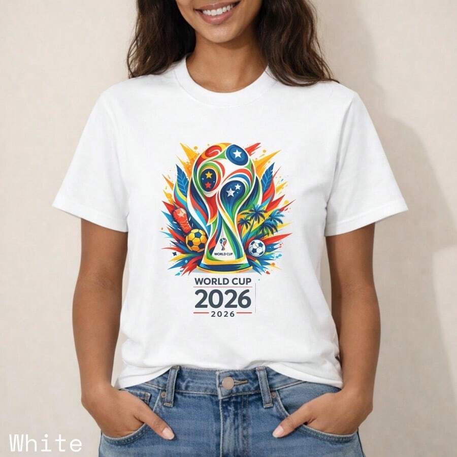 World Cup 2026 Colorful Trophy Graphic Shirt 2026 Soccer Tournament Fan Wear Tee USA Canada Mexico 2026 Supporter Appare - 白色 - 查看 1