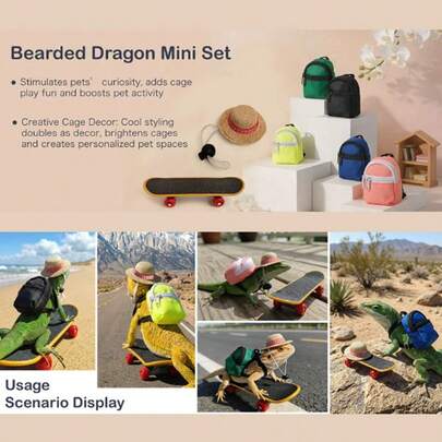 1 Set Maned Lizard Accessories Toy - Lizard Backpack, Adjustable Hat And Mini Skateboard, Suitable For Maned Lizards, Hamsters, Parrots, Turtles And Other Reptiles & Small Animals, Enrichment Toys, Funny Pet Costumes, Materials, Sturdy Construction, Hamster Skateboard, Exotic Pet Owners, Small Pet Lovers