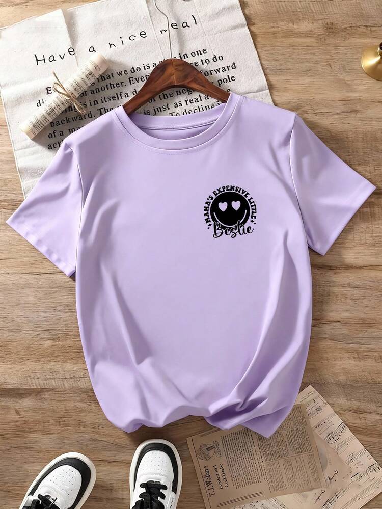Kaos Anak Perempuan Lengan Pendek Leher Bulat dengan Slogan Senyum, Kaos Kasual Anak untuk Musim Semi/Panas. Kaos Leher Bulat Cocok untuk Sekolah, Liburan, dan Belanja. - Mauve Purple - View 3