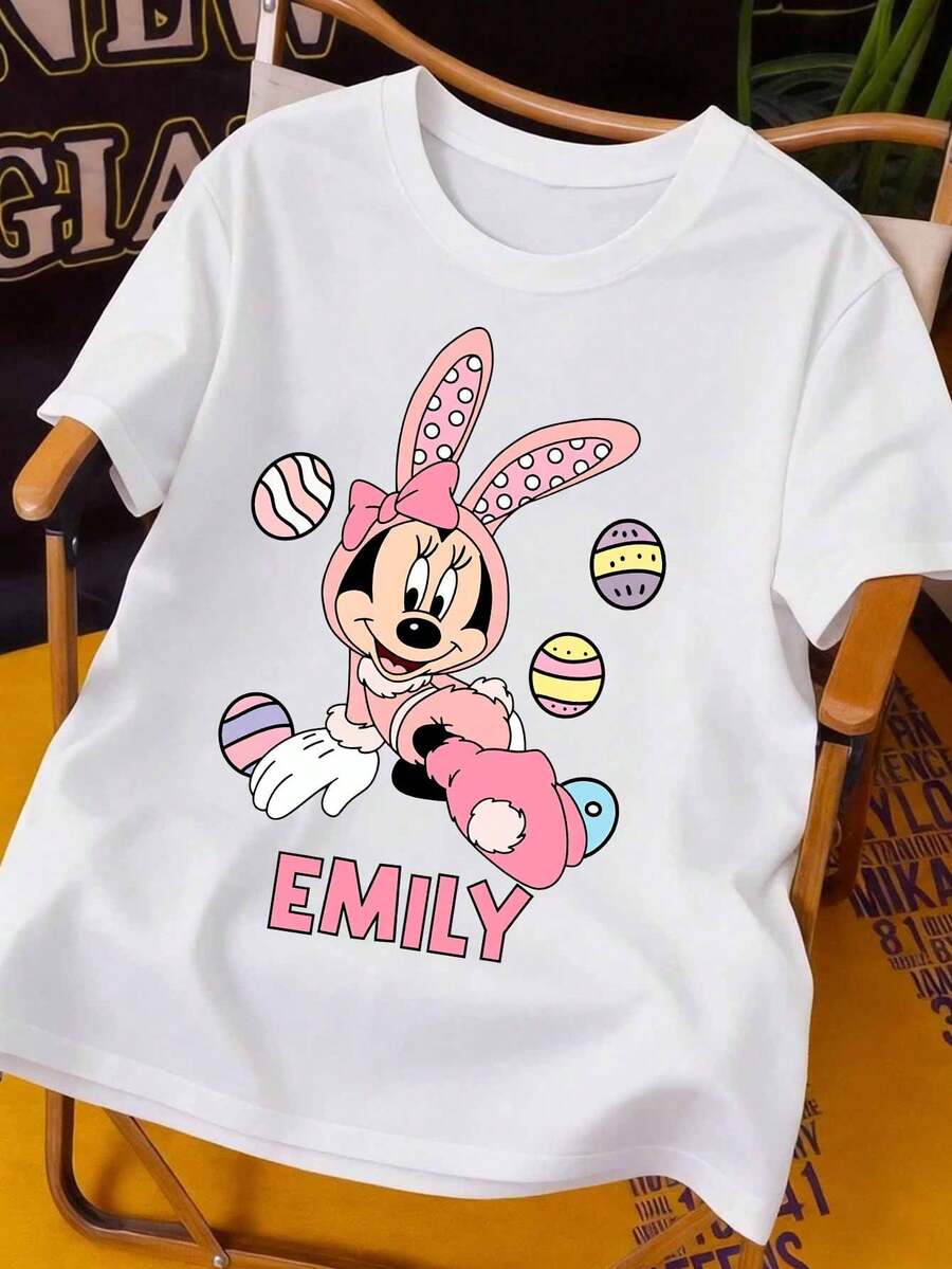 Easter Women's T-Shirt With Mickey Mouse Bunny Ears Easter Element Print, Comfortable, Soft And Breathable, Disney Cartoon Women's T-Shirt, All-Season Style, Suitable For Women's Clothing To Wear For Holiday Outings, Outdoor Sports And Parties. - White - View 1