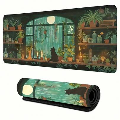 Large Non-Slip Rubber Mouse Pad - Black Cat Moonlight Window Garden Green Plants Desk Mat (11.8x31.5 Inches/30x50 Cm) - Perfect Gift For Cat And Plant Lovers, Office And Gaming Desk Decor, Artistic Style, Durable Design, Home Decor, Comfortable Surface, Ideal For Remote Work