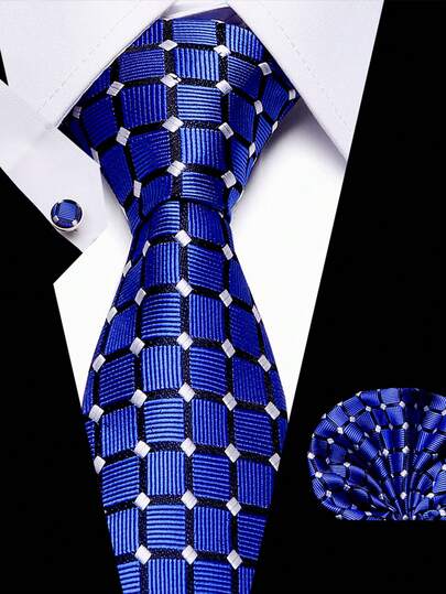 1 set blå slips, näsduk, manschettknappar, randig slips 7,5 cm, lämplig för högtider, bröllop, arbete