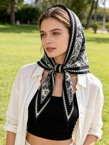 1pc Versatile Retro Cashew Flower Print Multifunctional Triangular Scarf/Shawl, Suitable For Daily, Office, And Holiday Occasions - Black - View 3