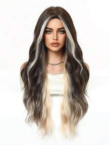 28 Inch Blonde Highlight Color Long Curly Wavy Wig With Curtain Bangs Synthetic Heat Resistant Wig With Bangs Women Wigs For Daily Wear Costume Wigs Cosplay Party Gifts Christmas Winter Fashion Wigs - Blonde Highlight - View 2