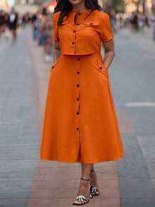 2pcs/Set Casual Round Neck Short Sleeve Buttoned Crop Top And Single Breasted Pocket A-Line Skirt Outfit - Brown - View 1