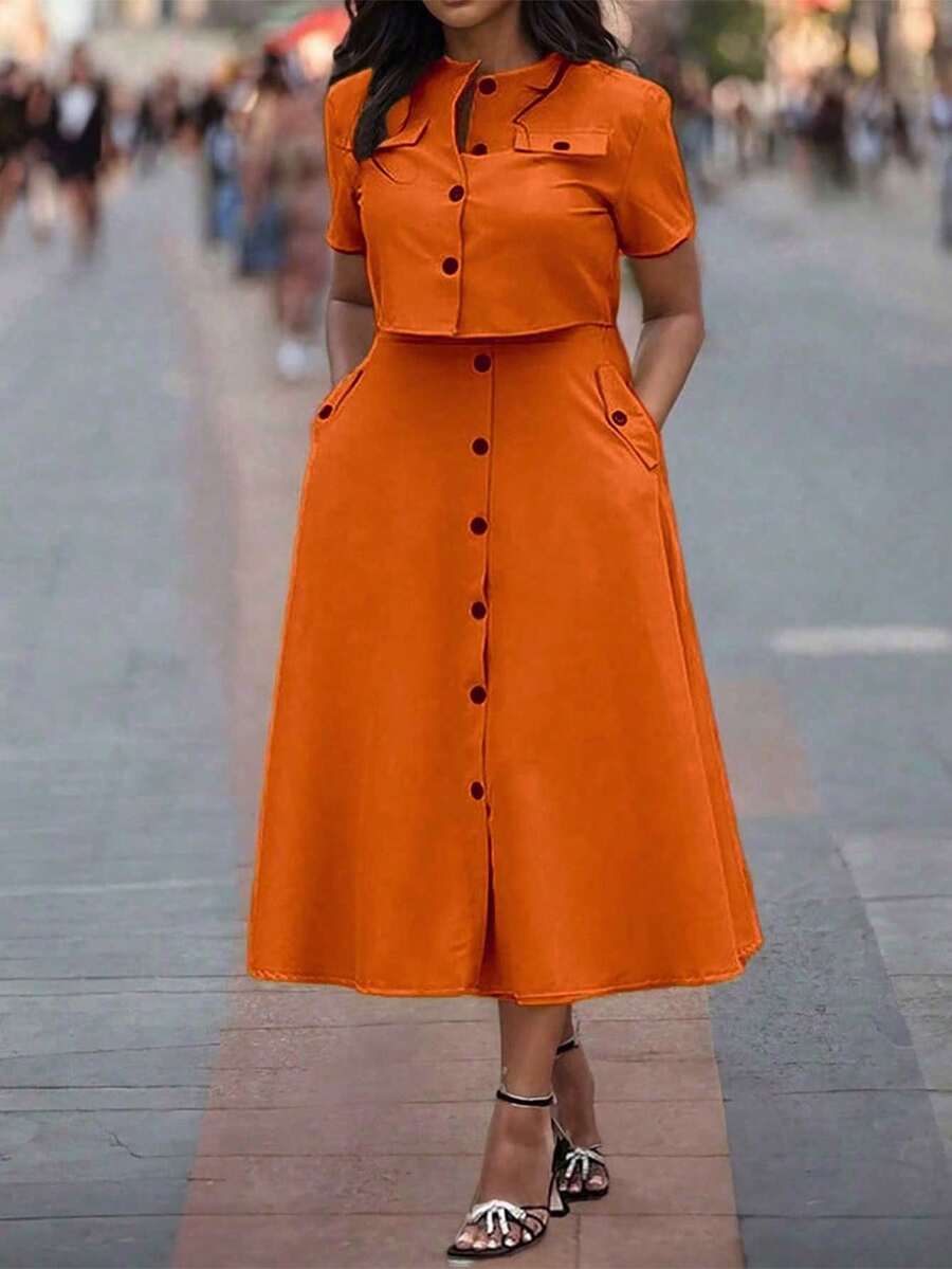 2pcs/Set Casual Round Neck Short Sleeve Buttoned Crop Top And Single Breasted Pocket A-Line Skirt Outfit - Brown - View 1