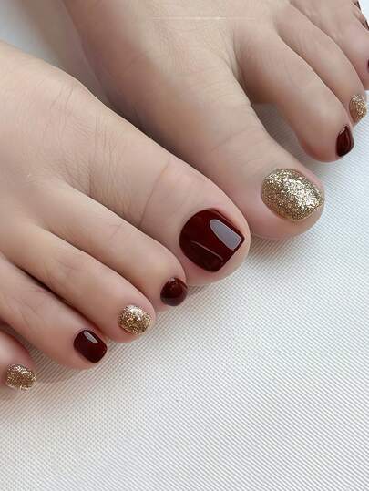 Instantly Upgrade Your Look With 24pcs Short Square Press On Toenails Elegant Golden Glitter Red Toenail Full Coverage Fake Nail Kit For Women And Girls Includes 1sheet Adhesive Tabs & 1pc Mini File Office Daily Wear False Nails Jelly Glue Is Randomly Shipped