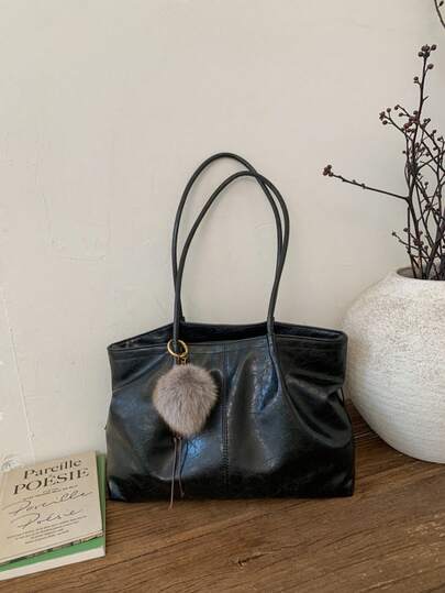 1pc Women's Solid Color PU Shoulder Tote Bag, Large Capacity Vintage PU Handbag With Fur Ball Charm, Suitable For Office, Commuting, Shopping, Gift