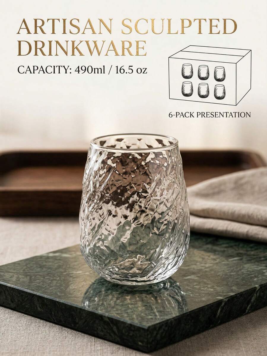 Textured Glass Cup, Large Capacity, Creative Beverage Cup For Home Use, Transparent Corrugated Juice Cup, Multiple Styles Available, 490/580/600ml - Irregular Ice Crack Pattern (490ml) - View 1