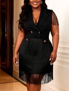 Plus Size Women's Elegant Black Fringe Dress, Double-Breasted Design, Flowing Fringe, Suitable For Dates, Office And Other Occasions - Black - View 3