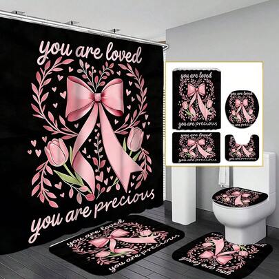 "You Are Loved You Are Precious" Pink Bow Bathroom Set, 4-Piece Shower Curtain & Bath Mat Set, Tulip Floral Heart Print Waterproof Shower Curtain Non-Slip Toilet Lid Cover U-Shaped Contour Rug For Bathroom Decor & Gift For Self-Love Fans