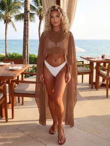 Women's Shawl Ponchos Solid Color Sheer Mesh High Low Hem Long Cape Summer Cover Up Tops - Dark Brown - View 3