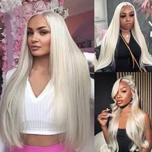 13x4 Transparent Lace Front Platinum Straight Human Hair Wig, 150% Density, #60 Blonde, 20 Inches Long Straight Hair, Suitable For Women - SYellow - View 3