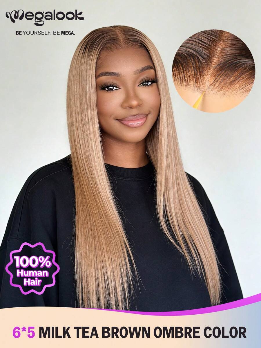 MEGALOOK 6x5 无胶丝滑直发蕾丝假发，100% 真人发丝，奶茶棕色，深色发根，渐变色，无胶假发，预剪蕾丝，预拔毛自然发际线，透明蕾丝假发蕾丝闭合，真人发丝，180% 密度 - 新手友好，无需胶水，自然美观，日常佩戴，适合办公室、僵尸新娘、万圣节、派对、Y2K 风格、度假装扮、户外角色扮演、校园、学校假期、圣诞节、派对、婚礼、节日等场合，适合女性佩戴。 - 彩色 - 查看 1