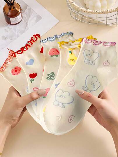 5 Pairs Women's Cute Bow, Floral, Fruit Print Ankle Socks, Soft & Breathable, Minimalist Versatile, Suitable For Daily, Sports, Casual Wear, All Seasons, Random Delivery