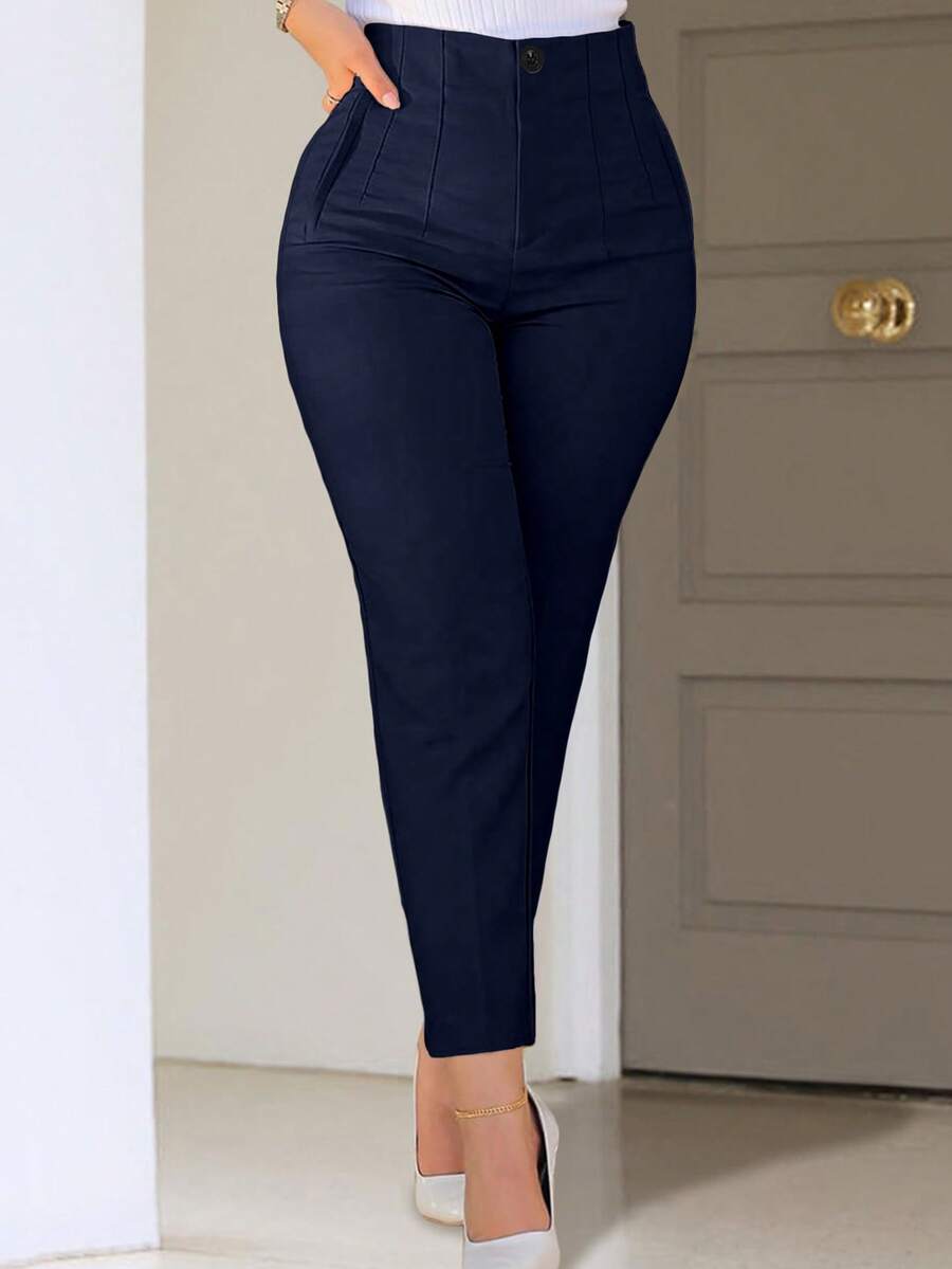 Pantalones rectos de unicolor con bolsillo, botón, cremallera y tela elástica, ajuste ceñido, para uso casual y oficina, primavera/verano - Azul Marino - Ver 1