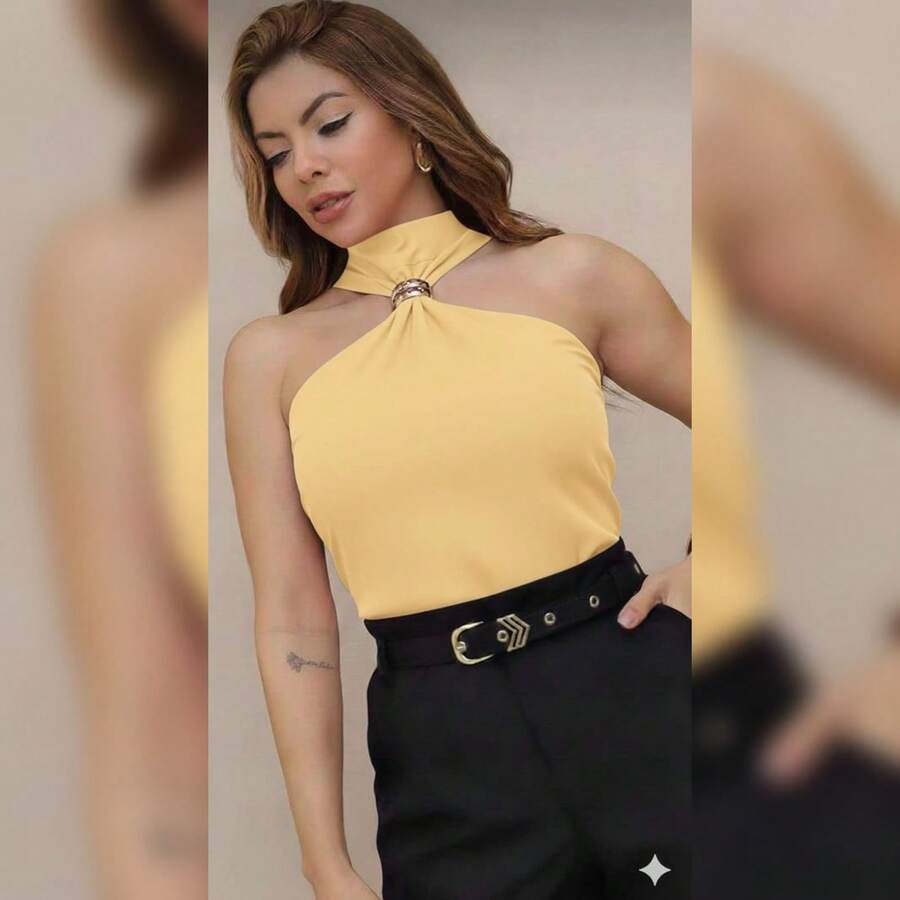 Women's Cropped Top With Halter Neck, Brooch Detail, High Collar, Elegant And Chic. - 黃色 - 查看 1