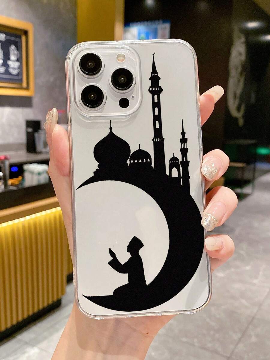 1个斋月清真寺剪影、新月和祈祷人物图案软TPU防震手机壳，伊斯兰宗教节日手机壳，兼容 11/12/13/14/15/16/16 Plus/17/17 Pro/17 Pro Max和Galaxy S24 Ultra/S25 Ultra/A14/A17，适合穆斯林、斋月礼物和日常使用。 - 無色 - 查看 1