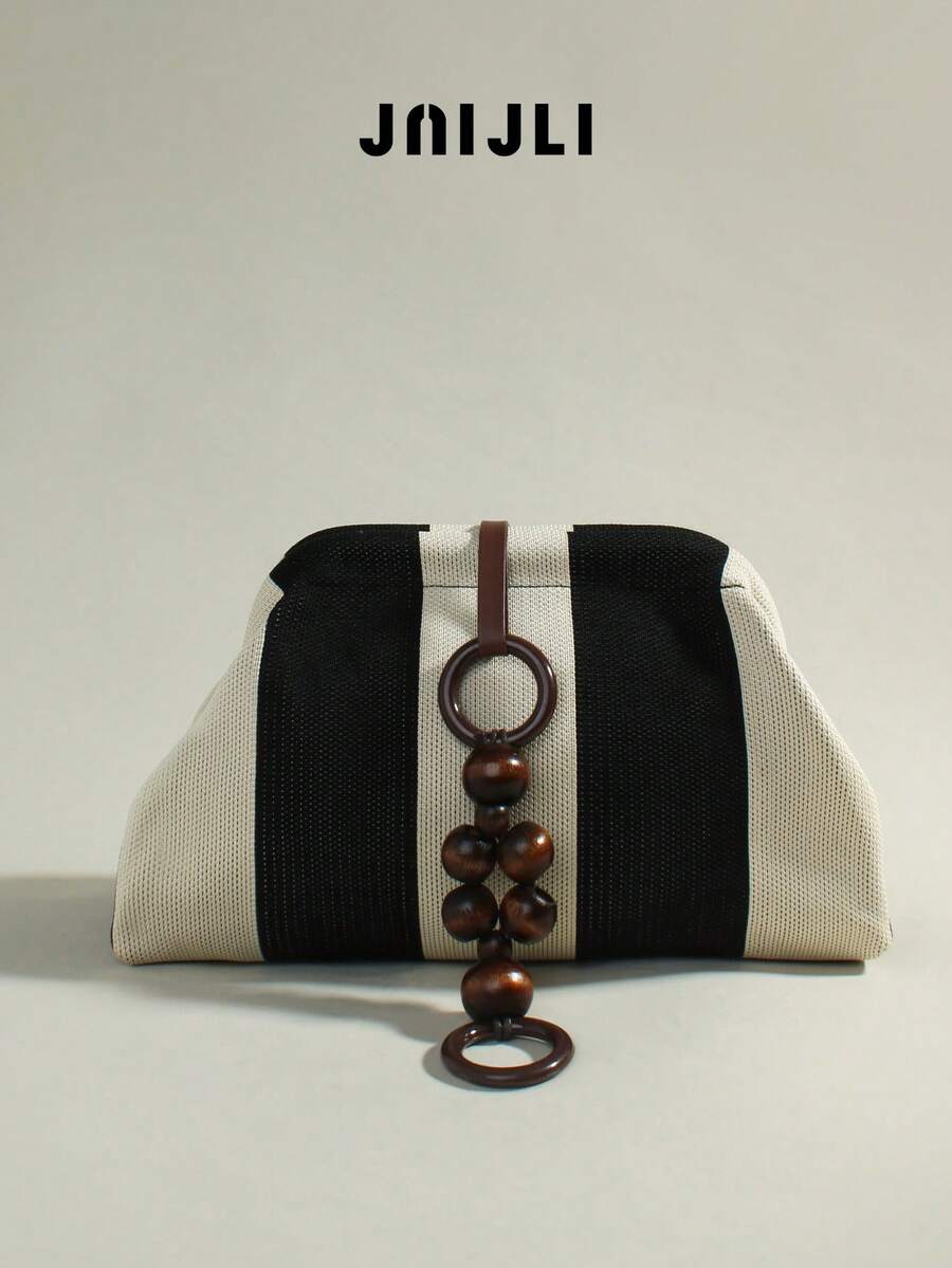JNI JLI Beige & Black Striped Clutch Purse With Wooden Bead & Ring Detail Women Stylish Handbag Cross Body Bag Travel Essential Casual Daily Use Bags Vintage Sling Bag Fashion Handbags Mini Purses Practical Shoulder Bag Clutch Bag Ladies Daily Purse Versatile Crossbody Shoulder Bag Spacious Evening Bag Must-Have Outfit Accessory Everyday Use Fashion Purse Casual Style Shoulder Bag - Màu be - Xem 1