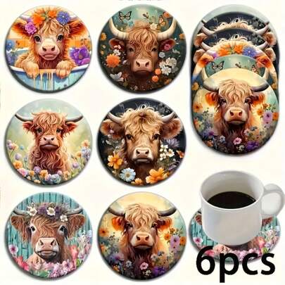 6/120pcs 2D Floral & Cow Print Round Wooden Coasters, Suitable For Patio, Kitchen, Living Room, Home Gatherings, Tabletop Decor, Gift For Friends & Family, Ideal For Valentine's Day, Wedding, Birthday, Party, Home Decoration