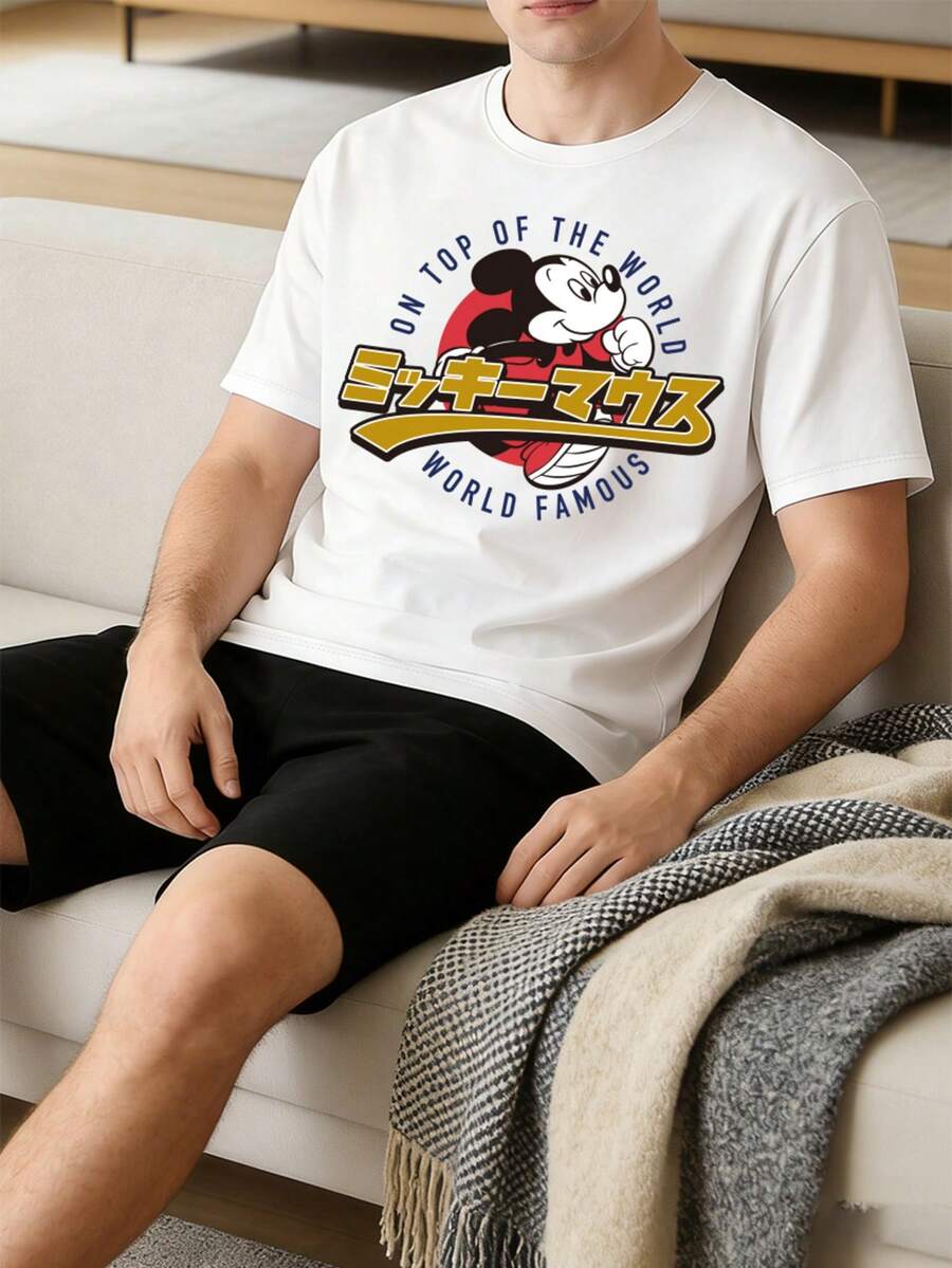 Disney 复古街头风T恤，印花字母，纹理面料，男士圆领短袖T恤。 - 白色 - 查看 1