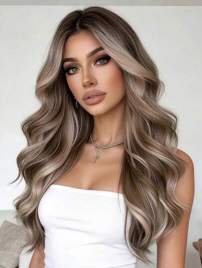 18 Inch Long Wavy Layered Ombre Brown Synthetic Wig, For Daily Wear And Parties