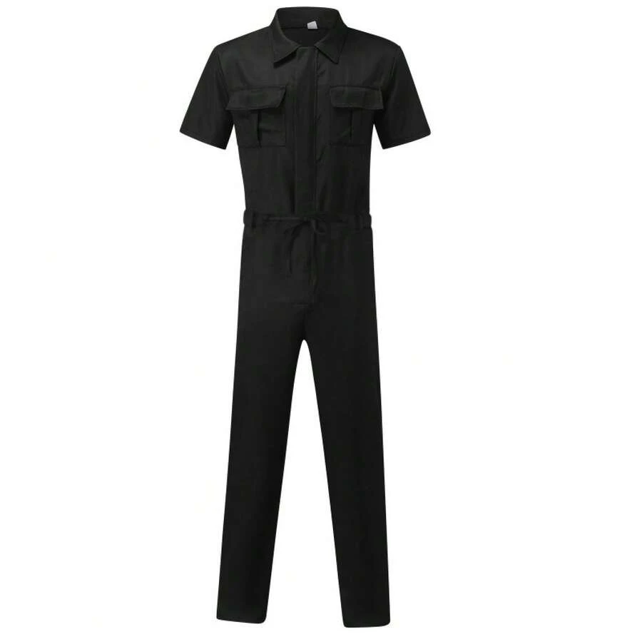 2026 Men's Workwear Jumpsuit Casual One-Piece Suit With Belt Short Sleeve - Black (laced, No Buckle Belt) - View 1
