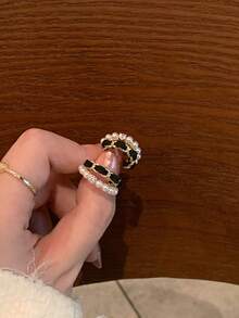1 件黑色天鹅绒珍珠圈形耳环，奢华优雅个性化独特设计女士耳环 - 黑色 - 查看 3