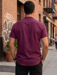 Men's Premium Short-Sleeve Shirt, Lightweight Fabric, Easy To Iron,  For Summer And Beach, Linen Look - - 勃根地紫 - 查看 4