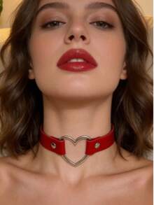 1 Piece Gothic Red PU Leather Choker With Heart-Shaped Metal Ring - Adjustable Party Jewelry For Women - Heart - View 4