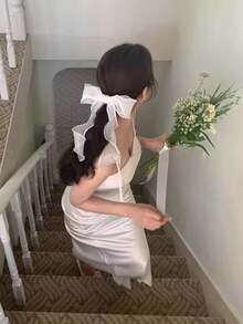 1pc Extra Large White Mesh Bow Ribbon Hair Clip, Elegant Bridal Headpiece Suitable For Daily Wear, Weddings And Various Occasions, Hairpin, Accessories - White - View 6