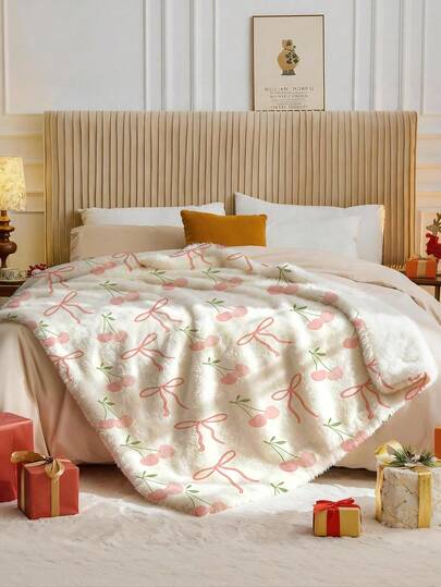 1件法兰绒毯，樱花蝴蝶结图案，厚实柔软亲肤，可作沙发毯、办公室午睡毯、房间装饰沙发毯、旅行露营多用途毯，适用于客厅卧室，是开学季和节日礼物的理想之选。