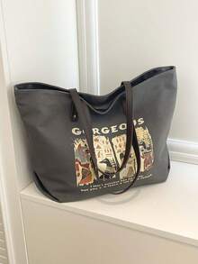 Dedoo 文学复古埃及风印花大容量帆布手提包，女士个性化励志单肩包，适合日常通勤、图书馆学习、城市漫步、上学或短途旅行 - 黑色 - 查看 9