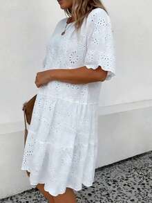 Plus Size Women Solid Color Embroidered Vacation Dress Elegant White Summer - White - View 7