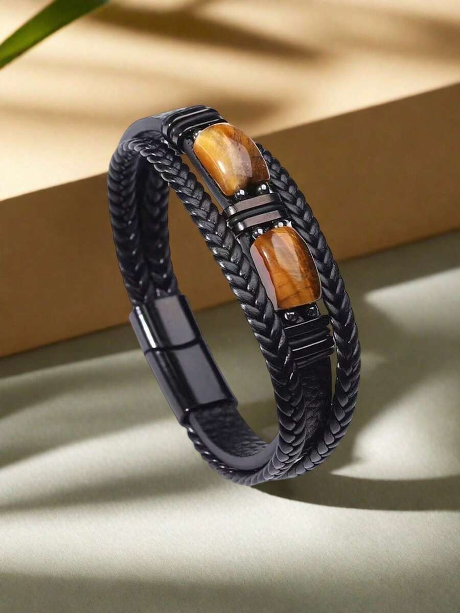 Vòng tay nam thủ công đính đá mắt hổ, dây da PU đen - Phụ kiện độc đáo thể hiện gu thời trang nam giới. - Nhiều màu - Xem 1