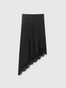 Women's Asymmetric Lace Patchwork Silk-Feel Skirt Black Spring - Black - View 1