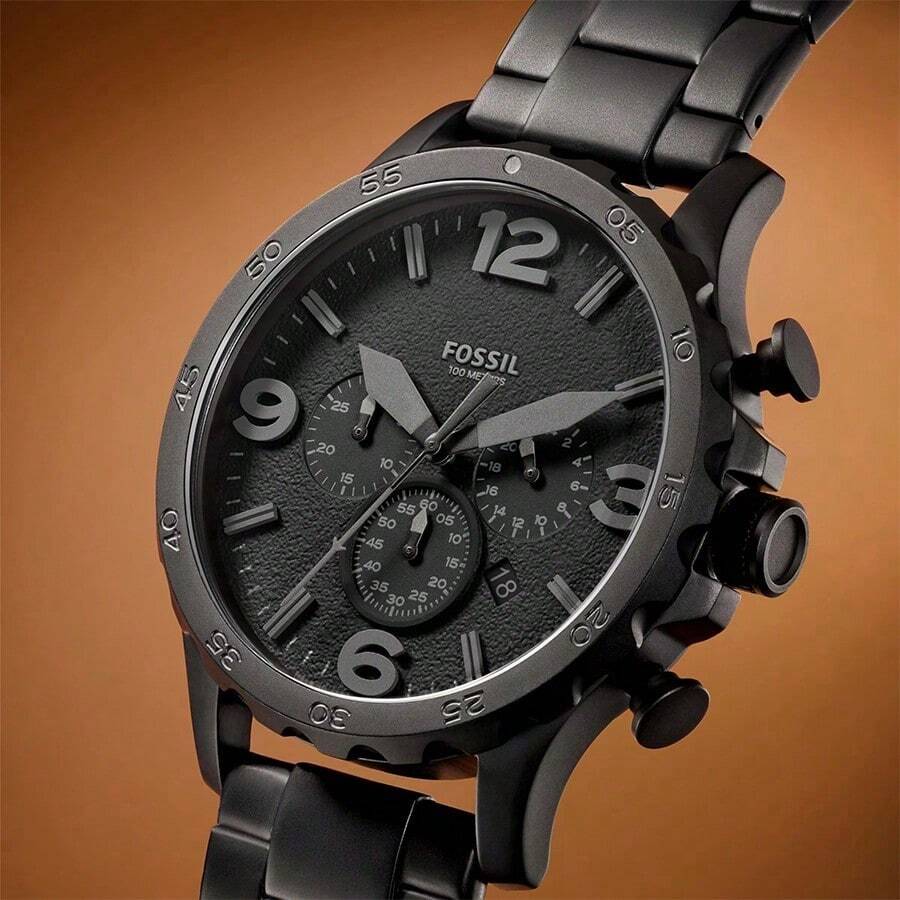 Reloj de cuarzo para hombres Fossil, movimiento de cuarzo, caja de acero inoxidable, correa de acero inoxidable, estilo de puntero, resistente al agua 50M, diseño de tres ojos, adecuado para uso diario y deportes, modelo: JR1401 - Negro - Ver 1
