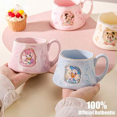 Disney Taza de cerámica oficial y auténtica con diseño de Mickey y Minnie, taza de desayuno de pareja personalizada con dibujos animados lindos, taza de café de alta belleza para regalo, taza con insignia de lujo