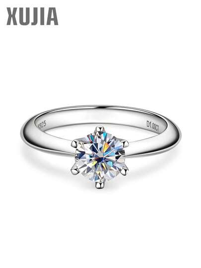 XUJIA 1pc 1 Carat Moissanite Ring, Women's Style, D Color, VVS1 Clarity, 6.5mm Round, Perfectly Cut, 925 Sterling Silver Classic 6-Prong Setting, Silver Anniversary Ring, Wedding Anniversary Gift, Women's Jewelry Gift