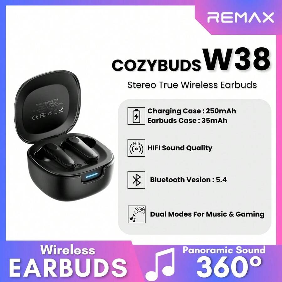 REMAX Cozybuds W38 True Wireless Bluetooth Earphones, Stereo Music & Call, HIFI Sound Quality/Gaming Mode