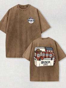 2026 New Men's 100% Cotton Oversized T-Shirt, Vintage Acid Washed Finish, "Busch Light Apple" Cooler & Cowboy Hat Graphic Print, Americana Streetwea - 棕色 - 查看 6