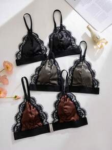 3pcs Women's Solid Color Lace Trim Front Closure Comfortable Underwear Set - Multicolor - View 4