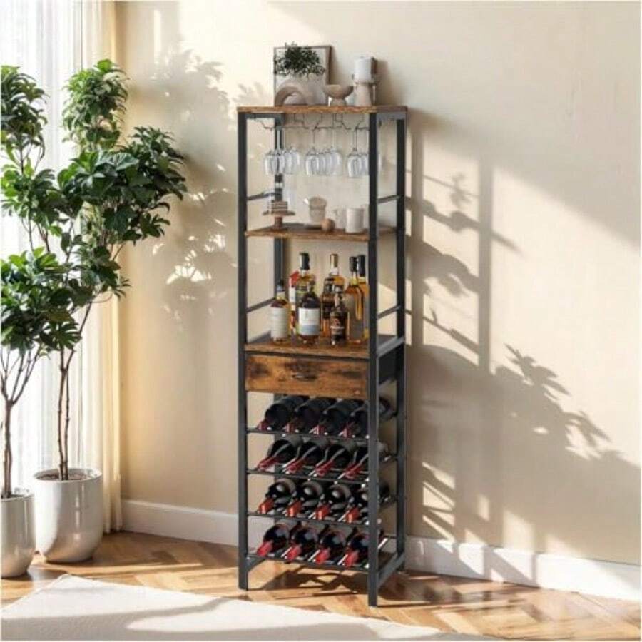 Estante de Vino no Empotrado Para Piso 7 Niveles de Clóset no Empotrado Para Barra de Vino - Cantina Bar Mueble para Casa Cava de Vino de Madera y Metal 40x29x148 cm Con Cajón de Tela Marrón - Marrn - Ver 1